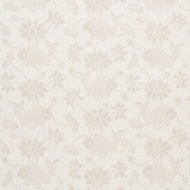 Lotus Batik wallpaper in Natural by Schumacher, featuring a painterly batik-inspired motif with fish and lotus flowers.