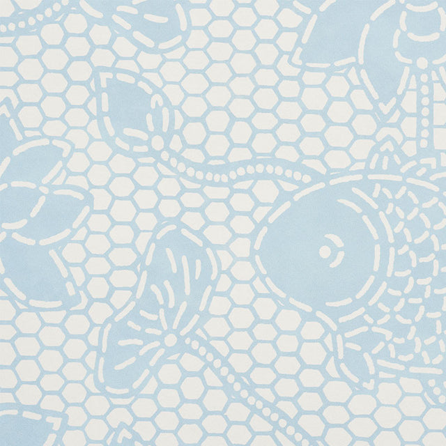 Lotus Batik Sky by Schumacher Isola Indoor/Outdoor Blue Fish and Lotus Wallpaper – Schumacher 5009751