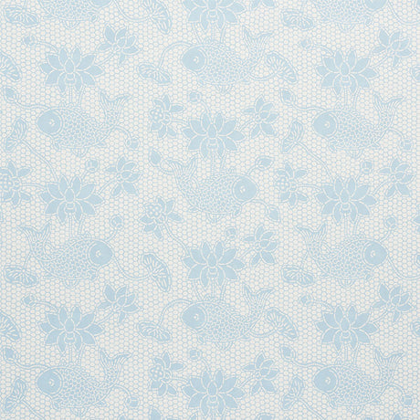 Lotus Batik Sky blue and white wallpaper with fish and lotus flower batik pattern by Schumacher