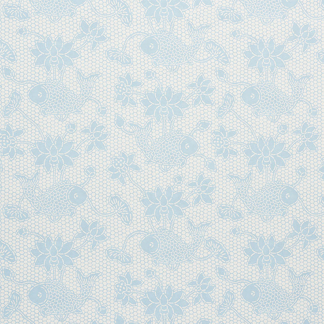 Lotus Batik Sky blue and white wallpaper with fish and lotus flower batik pattern by Schumacher