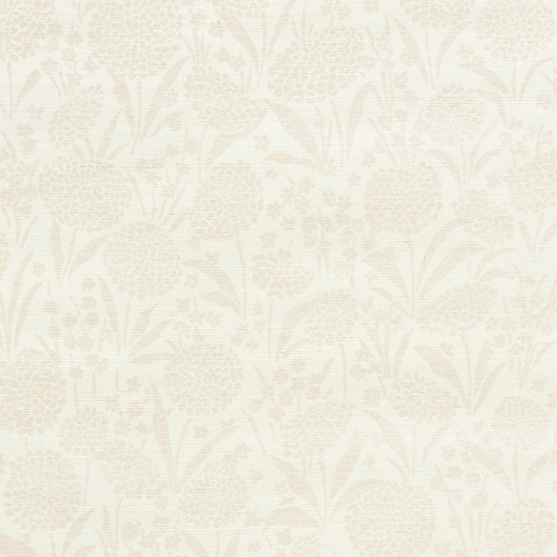 Chrysanthemum Sisal Blush floral textured wallpaper by Schumacher, shown in a styled room and close-up detail.