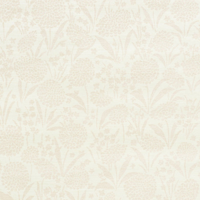 Chrysanthemum Sisal Blush floral textured wallpaper by Schumacher, shown in a styled room and close-up detail.