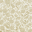 Chrysanthemum Sisal gold floral textured grasscloth wallpaper by Schumacher, shown in a styled room and close-up detail.