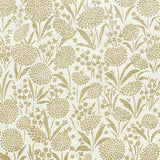 Chrysanthemum Sisal gold floral textured grasscloth wallpaper by Schumacher, shown in a styled room and close-up detail.