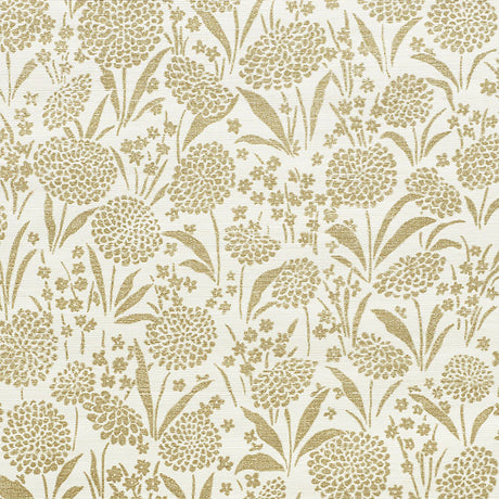 Chrysanthemum Sisal gold floral textured grasscloth wallpaper by Schumacher, shown in a styled room and close-up detail.