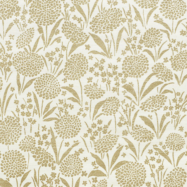 Chrysanthemum Sisal gold floral textured grasscloth wallpaper by Schumacher, shown in a styled room and close-up detail.