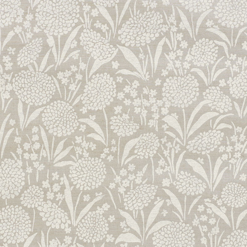 Chrysanthemum Hemp Shimmer wallpaper in Moonstone, a mid-scale floral handprinted on sisal with a shimmering texture.
