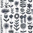 Wild Things wallpaper by Vera Neumann for Schumacher, featuring bold black stylized flowers on a white background.