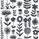 Wild Things wallpaper by Vera Neumann for Schumacher, featuring bold black stylized flowers on a white background.