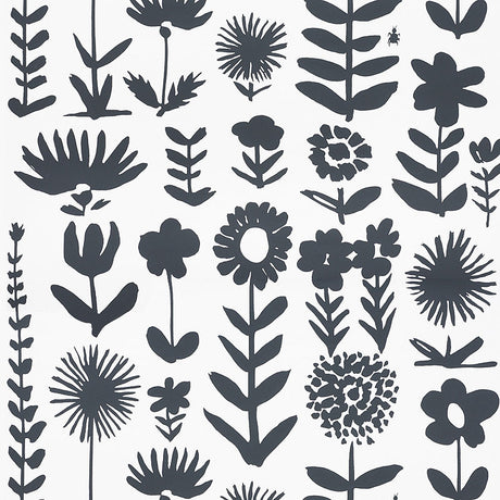 Wild Things wallpaper by Vera Neumann for Schumacher, featuring bold black stylized flowers on a white background.