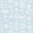 Wild Things wallpaper in Sky by Vera Neumann for Schumacher, featuring stylized white flowers on a soft blue background.