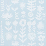 Wild Things wallpaper in Sky by Vera Neumann for Schumacher, featuring stylized white flowers on a soft blue background.