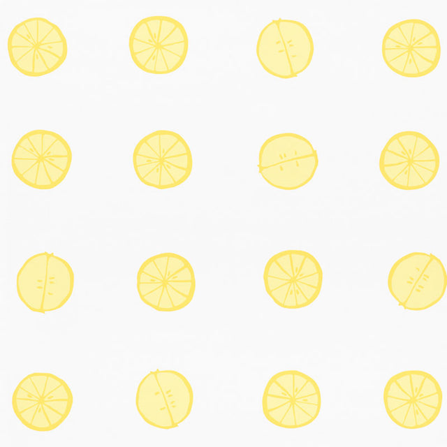 Lemonade wallpaper by Vera Neumann for Schumacher featuring whimsical hand-drawn lemon slices in a polka dot pattern on a white background.