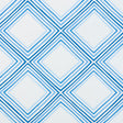 Square Dance by Vera Neumann for Schumacher. Blue geometric concentric diamond wallpaper pattern, shown in a modern interior setting.