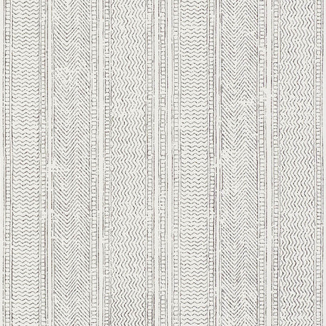 Mohave Carbon by Schumacher - Delicate handblocked stripe wallpaper in black and white, shown in a modern bedroom setting.
