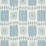 KANDIRA painterly checkerboard ikat wallpaper in sky blue by Schumacher, shown in a styled interior and close-up detail.