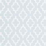 JAKE wallpaper in Orpington Blue by Veere Grenney for Schumacher, Moroccan fretwork ogee pattern, styled in an interior setting.