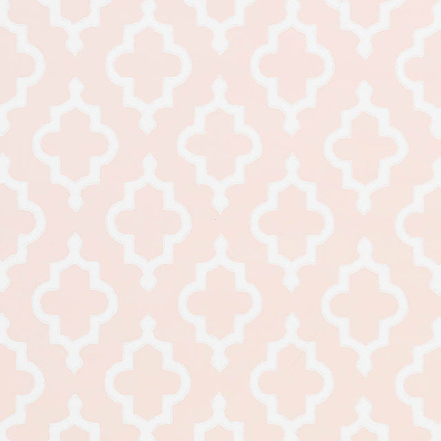 JAKE wallpaper in Quiet Pink by Veere Grenney for Schumacher, Moroccan fretwork ogee pattern, surface print, washable.