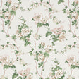Betty Quiet Pink by Veere Grenney for Schumacher. Lush floral wallpaper with tulips, roses, and ranunculi in soft pink and green on a white background.