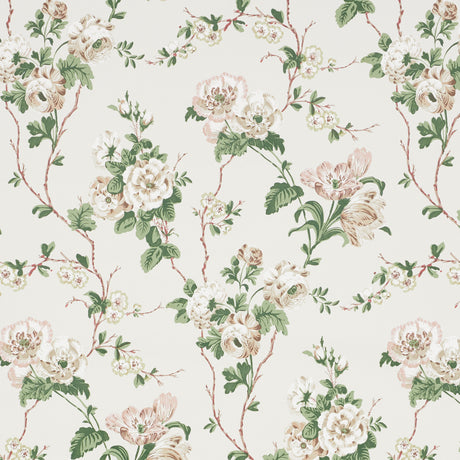 Betty Quiet Pink by Veere Grenney for Schumacher. Lush floral wallpaper with tulips, roses, and ranunculi in soft pink and green on a white background.