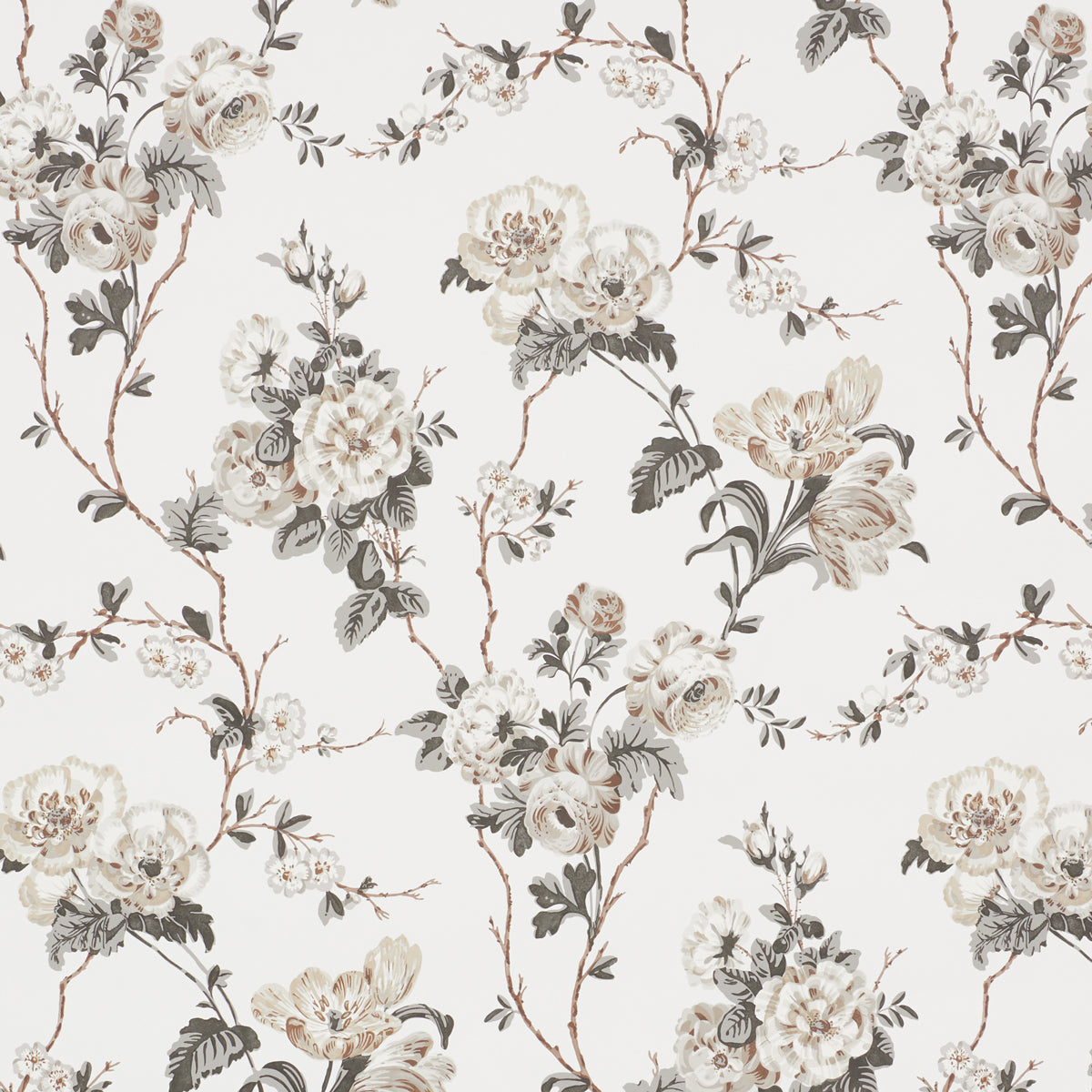 BETTY wallpaper in Charcoal by Veere Grenney for Schumacher, featuring a lush tangle of tulips, roses, and ranunculi climbing a trellis of branches.