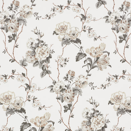 BETTY wallpaper in Charcoal by Veere Grenney for Schumacher, featuring a lush tangle of tulips, roses, and ranunculi climbing a trellis of branches.