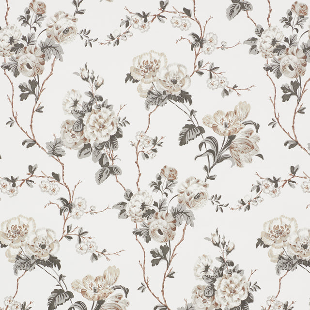 BETTY wallpaper in Charcoal by Veere Grenney for Schumacher, featuring a lush tangle of tulips, roses, and ranunculi climbing a trellis of branches.