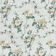 BETTY wallpaper in Celadon by Schumacher, featuring a lush tangle of tulips, roses, and ranunculi climbing a trellis of branches in soft green and cream tones.