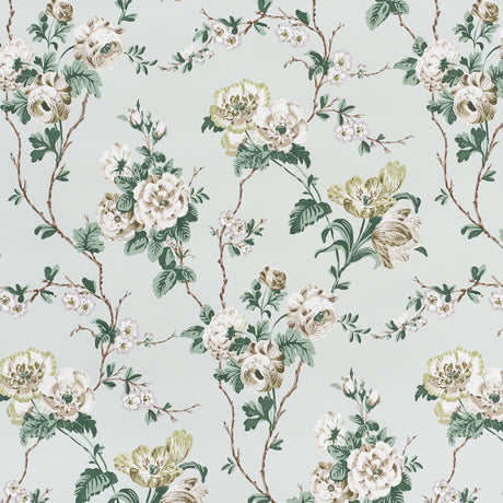 BETTY wallpaper in Celadon by Schumacher, featuring a lush tangle of tulips, roses, and ranunculi climbing a trellis of branches in soft green and cream tones.