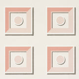 Marcel Blush geometric trompe l'oeil wallpaper by Schumacher, featuring stylized blush and white panels with architectural detail.