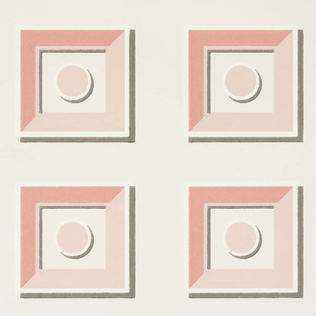 Marcel Blush geometric trompe l'oeil wallpaper by Schumacher, featuring stylized blush and white panels with architectural detail.