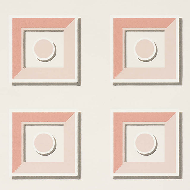 Marcel Blush geometric trompe l'oeil wallpaper by Schumacher, featuring stylized blush and white panels with architectural detail.