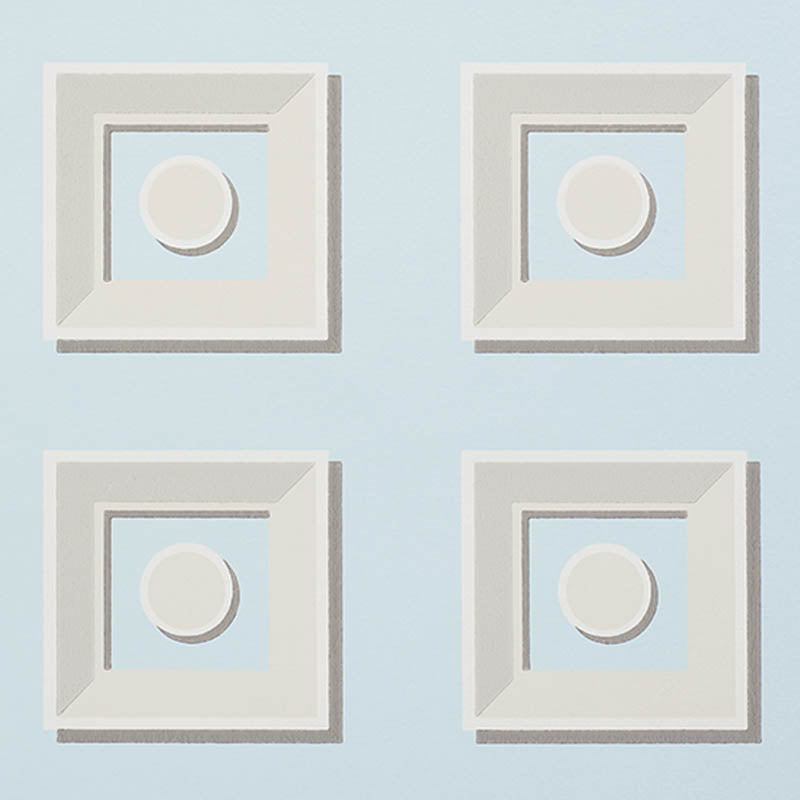 Marcel Sky geometric trompe l'oeil wallpaper by Schumacher, featuring stylized architectural panels in blue and white.