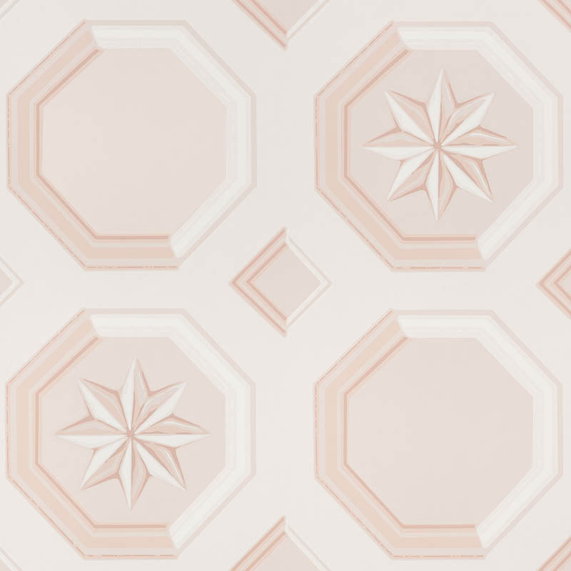 Augustus Blush wallpaper by Schumacher featuring an octagonal grid with faceted stars and floral medallions in a trompe l'oeil style.