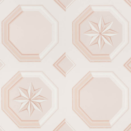 Augustus Blush wallpaper by Schumacher featuring an octagonal grid with faceted stars and floral medallions in a trompe l'oeil style.