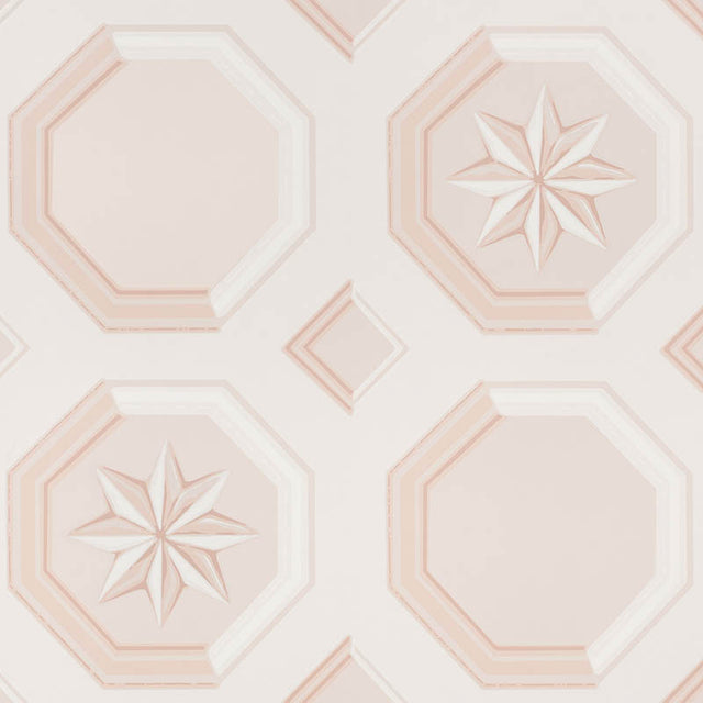 Augustus Blush wallpaper by Schumacher featuring an octagonal grid with faceted stars and floral medallions in a trompe l'oeil style.