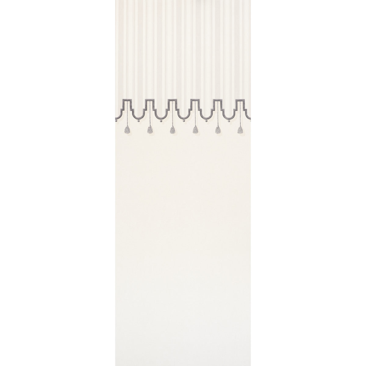 Villa Panel wallpaper in Dove by Schumacher, designed by Miles Redd, featuring a tented room effect with scalloped border and painterly tassels.