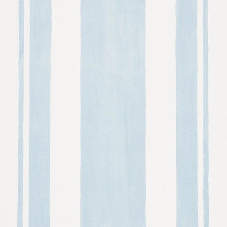 Villa Stripe wallpaper in Sky by Schumacher, designed by Miles Redd. Multi-width blue and white stripes, bold and chic.