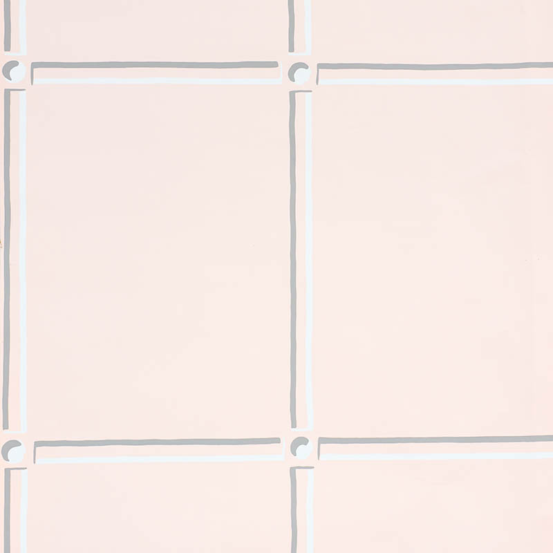 La Galerie Blush by Schumacher, a stylized panel wallpaper with gestural black and white strokes, shown in blush and yellow room settings.
