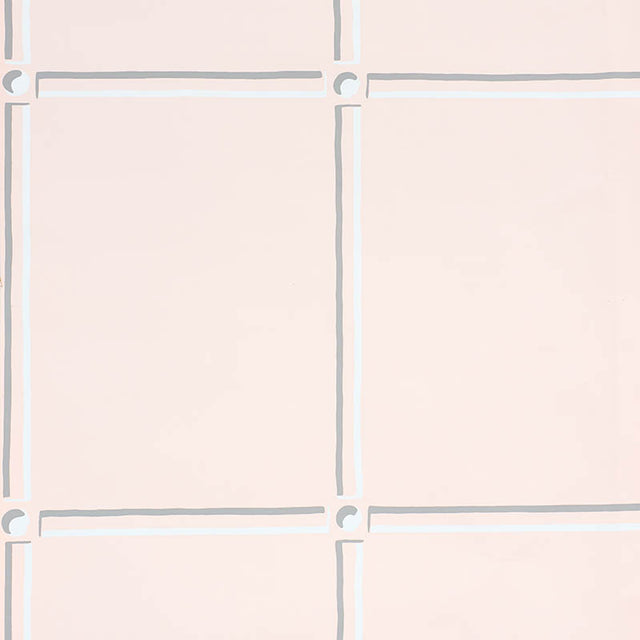 La Galerie Blush by Schumacher, a stylized panel wallpaper with gestural black and white strokes, shown in blush and yellow room settings.