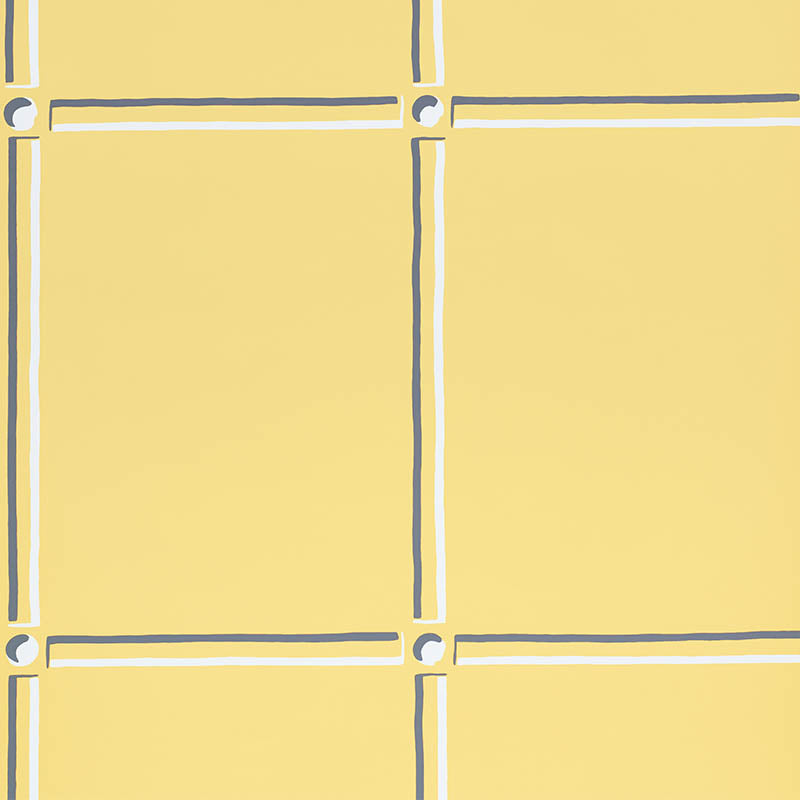La Galerie yellow panel design wallpaper by Schumacher, featuring gestural black and white strokes in a chic, architectural style.