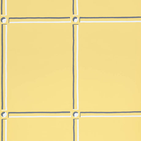 La Galerie yellow panel design wallpaper by Schumacher, featuring gestural black and white strokes in a chic, architectural style.