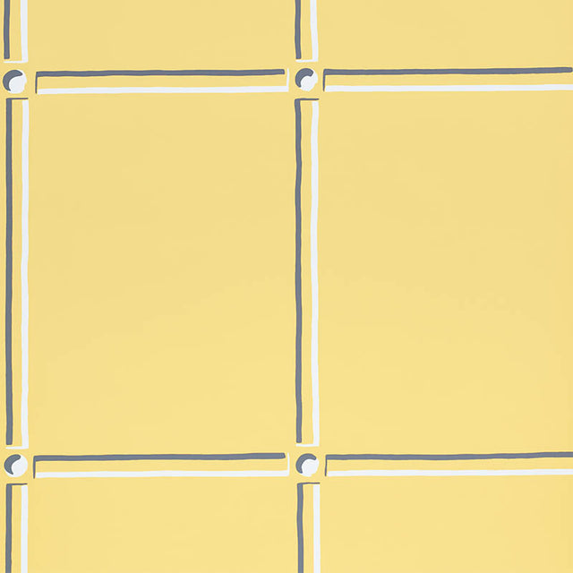 La Galerie yellow panel design wallpaper by Schumacher, featuring gestural black and white strokes in a chic, architectural style.