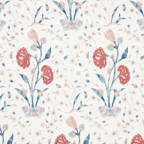 Khilana Floral wallpaper in Delft & Rose by Schumacher, featuring a large-scale stylized Indian floral pattern in blue and pink tones.