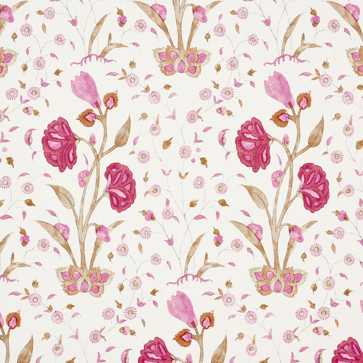 Khilana Floral Spice wallcovering by Schumacher, featuring a large-scale stylized Indian floral pattern in pink, red, and brown on a white background.