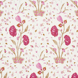 Khilana Floral Spice wallcovering by Schumacher, featuring a large-scale stylized Indian floral pattern in pink, red, and brown on a white background.