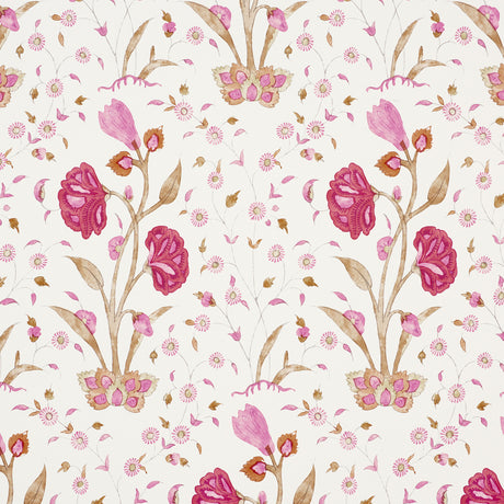 Khilana Floral Spice wallcovering by Schumacher, featuring a large-scale stylized Indian floral pattern in pink, red, and brown on a white background.