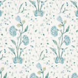 Khilana Floral wallpaper in Peacock by Schumacher, a large-scale stylized floral inspired by traditional Indian motifs in blue and green tones.