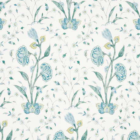 Khilana Floral wallpaper in Peacock by Schumacher, a large-scale stylized floral inspired by traditional Indian motifs in blue and green tones.