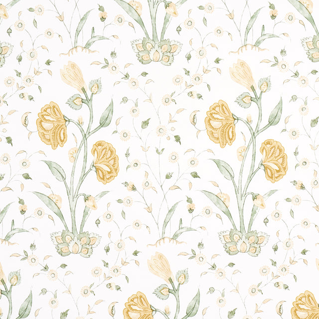KHILANA FLORAL wallpaper in Marigold by Schumacher, a large-scale floral pattern inspired by traditional Indian motifs, shown in a styled bedroom.